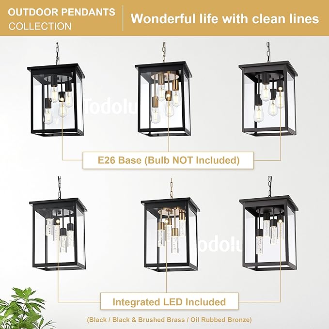TODOLUZ 4-Light Large Outdoor Pendant Light Fixtures in Oil Rubbed Bronze, Adjustable Height Porch Hanging Lighting for Yard Entryway Patio, E26 Base Exterior Ceiling Lantern