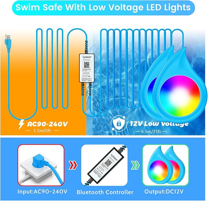 LyLmLe LED Pool Lights, 50W Double Light for Giant Pool with 26ft Cord for Each Light, 2000lm, 12V Smart Magnetic Lamp with APP Control, IP68 Waterproof Nicheless Lights for Inground Aboveground Pools