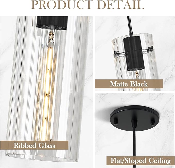 Black Glass Pendant Lights for Kitchen Island, Modern Ribbed Glass Pendant Lighting, Adjustable Cord Single Hanging Light Fixture for Dining Room, Bedroom, Bathroom