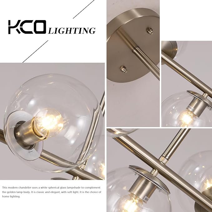 KCO Lighting Modern 7-Light Brushed Nickel Metal Large Chandelier Nordic Clear Glass Globe Farmhouse Pendant Light Silver Minimalist Adjustable Kitchen Island Hanging Ceiling Lights