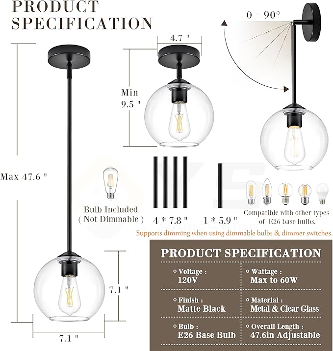 7 Inch Matte Black 2-Pack Modern Pendant Lights Kitchen Island Mid Century Modern Pendant Light Fixtures with Clear Glass Globe Modern Hanging Pendant Light for Bathroom Foyer （Bulb Incl）