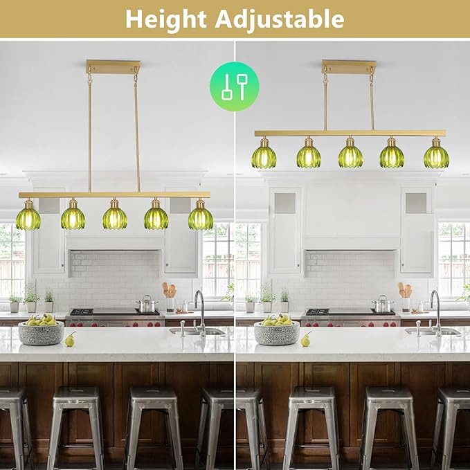 5-Lights Modern Chandeliers for Dining Room, Gold Pendant Light Fixtures with Green Flower Shade, Entryway Chandelier Pendant Lighting for kitchen island, Linear Hanging Dining Room Light Fixture