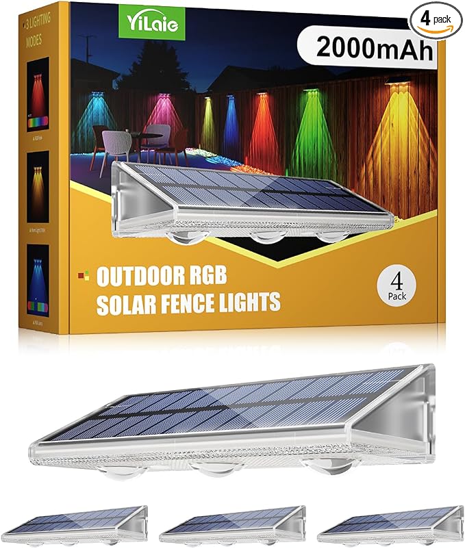 YiLaie Solar Fence Lights Outdoor with IP67 Waterproof, RGB Multi Color & Dusk to Dawn Auto ON/Off Solar Power Wall Mount Solar Lights for Outside Fence Wall Deck Gate (4 Pack)