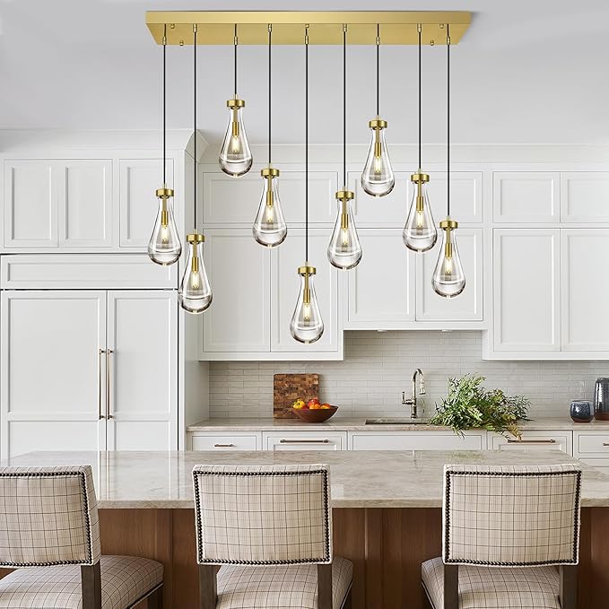 Modern Raindrop Pendant Lights Kitchen Island Teardrop Gold Hanging Light Fixture Clear Solid Glass Chandeliers Crystal Pendant Light for Porch Living Room Dining Room(Long Plate-9 Lights)