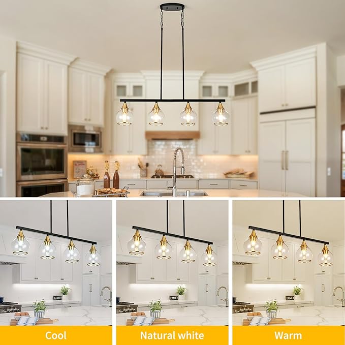 Island Light for Kitchen, 4-Light Kitchen Island Chandeliers Black and Gold Linear Hanging Pendant Light, Matte Black Farmhouse Dining Room Light Fixture Over Table with Clear Round Glass Shades