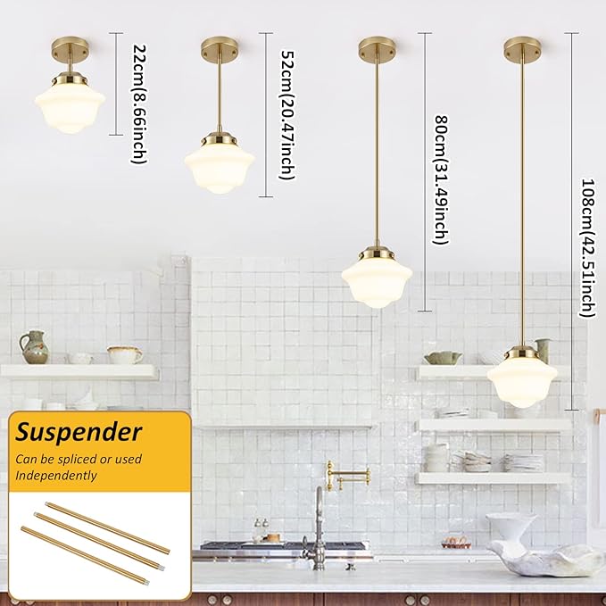 Schoolhouse Pendant Light Set of 3, 8" Brass Gold Pendant Lights with Milk Glass Shade, Farmhouse Ceiling Light Fixtures for Kitchen Dinning Room Living Room Bedroom Hallway