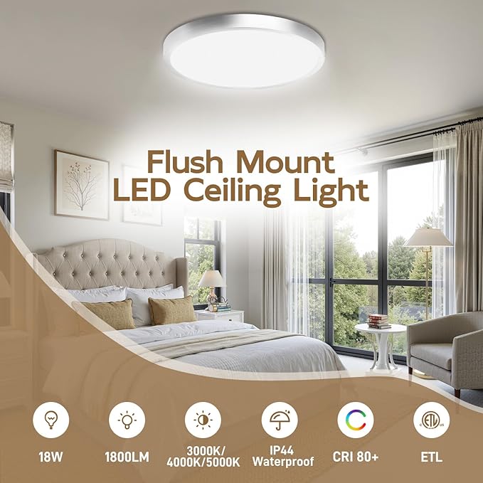 Hlite Dimmable 2pack 9 inch Flush Mount LED Ceiling Light Fixture,18W 1800LM Super Slim 3000K/4000K/5000K 3CCT Selectable,Dimmable Flush Mount Ceiling Light for Kitchen,Bedroom (Brushed Nickel)