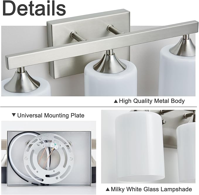 ZHU YAN Brushed Nickel Vanity Light,3 Light Bathroom Lighting Fixtures Over Mirror,Milky White Glass Shades Wall Sconces,Vanity Lights Fixtures for Mirror Bedroom Hallway E26 Socket