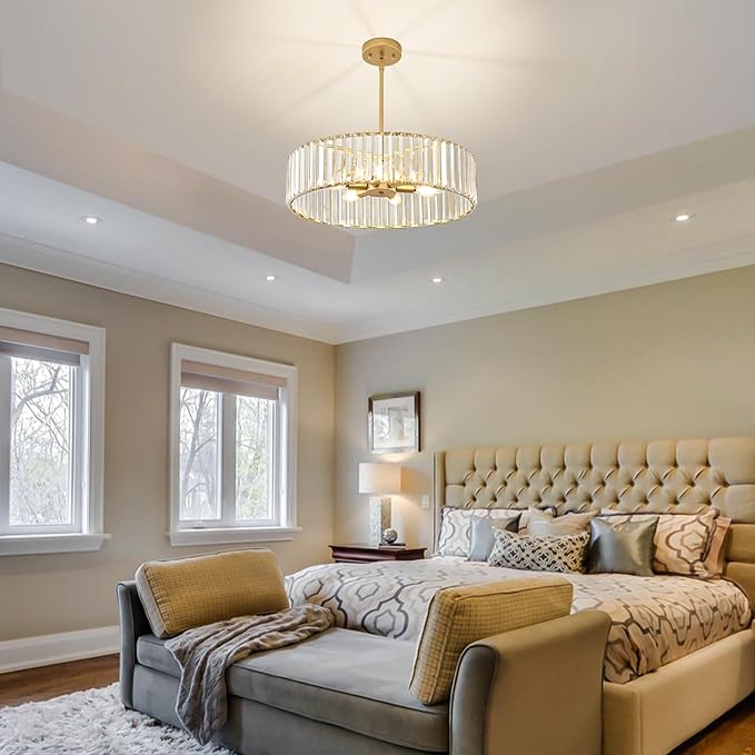 YURNYQ Gold Crystal Chandelier for Dining Room, 6-Light Modern Semi Flush Mount Chandelier Lighting Fixtures, Round Kitchen Hanging Drum Pendant Lights Ceiling for Living Room Bedroom Foyer, 19.6 Inch