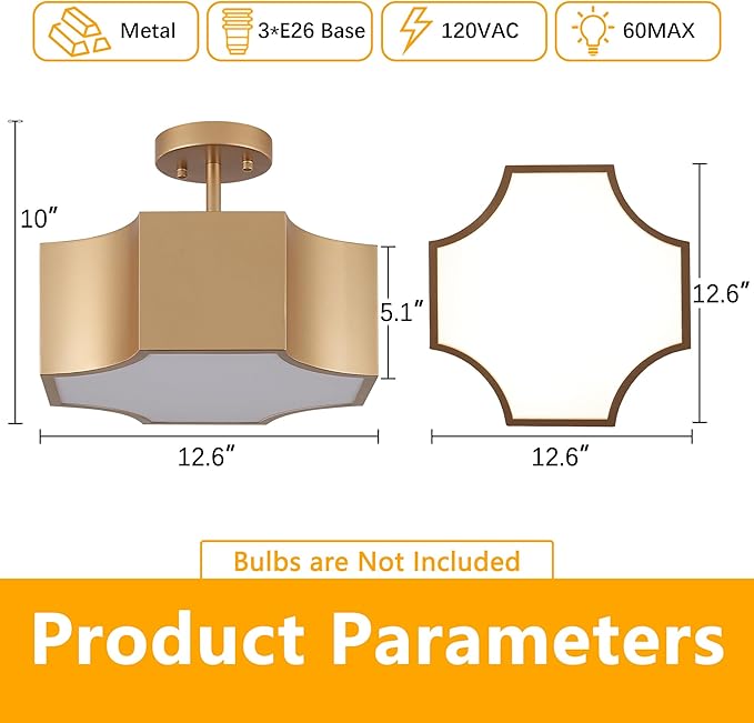 Modern Gold 3-Light Ceiling Light Fixture, Metal Industrial Semi Flush Mount Close to Ceiling Light, Farmhouse Light Fixtures Ceiling Mount, Geometry Chandelier for Kitchen, Dining Room, Hallway