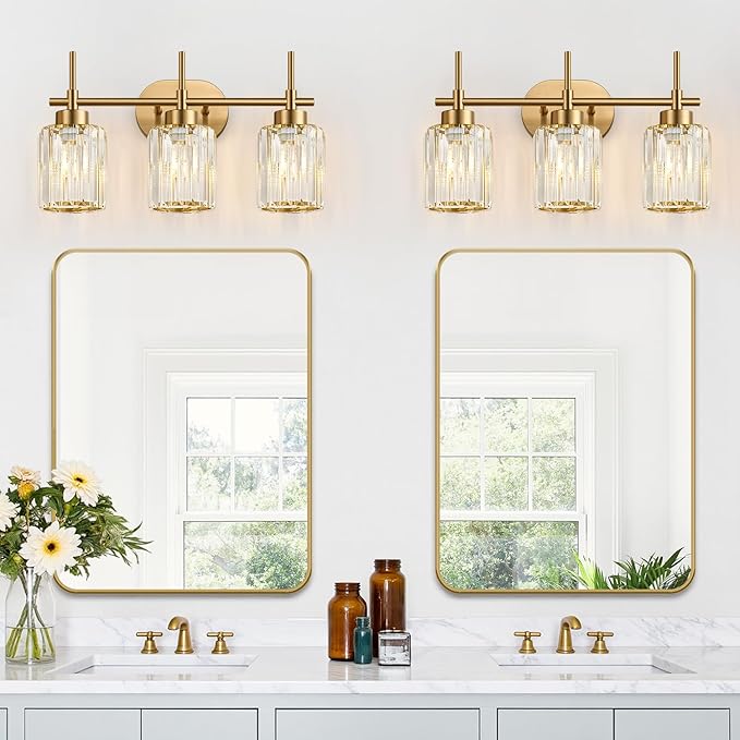 Modern Crystal Bathroom Vanity Light, 3-Light Brushed Gold Bathroom Light Fixtures with Clear Shades, Vanity Lighting Fixtures Over Mirror (Exclude Bulb)