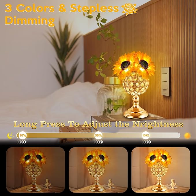 Sunflower Table Lamps for Women-Sunflower Flower Touch Lamp with 3-Color Infinitely Dimming,10+ Hours Runtime-Ideal Gift for Mom,Flower Decor for Bedroom and Office,USB Charge,IP44 Waterproof
