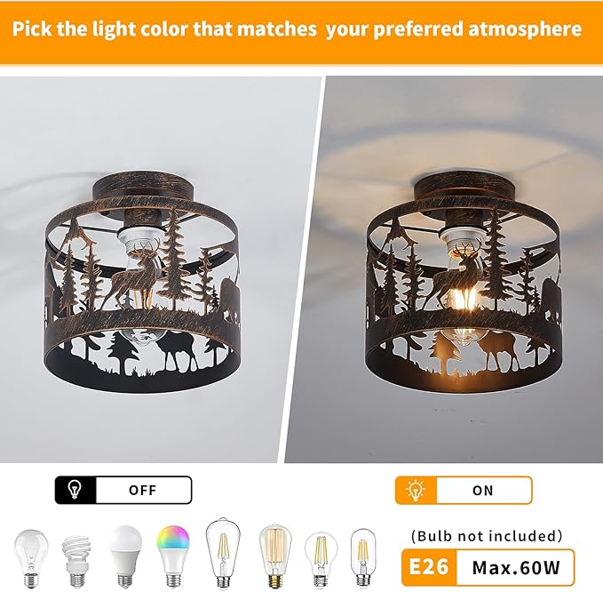 Rustic Semi-Flush Ceiling Light, 9.1" Black Metal Fixture with Deer, Bear & Cabin Design, Farmhouse Lighting with E26 Base for Bedroom, Living Room, Hallway, or Entryway