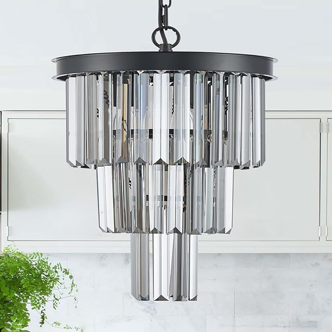 CATINER 3 Tier Black Crystal Pendant Light, Mini Smoke Gray K9 Crystal Chandelier with Adjustable Chain, Modern Small Ceiling Pendant Lighting for Kitchen Island Dining Room Hallway Bedroom Closet