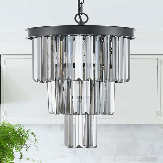 CATINER 3 Tier Black Crystal Pendant Light, Mini Smoke Gray K9 Crystal Chandelier with Adjustable Chain, Modern Small Ceiling Pendant Lighting for Kitchen Island Dining Room Hallway Bedroom Closet