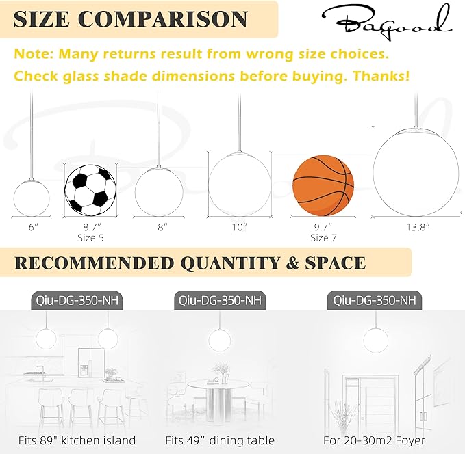 Bagood 14" Globe Pendant Light 3-Light Gold Mid Century Modern Light Fixture Milk Glass Pendant Light Globe Pendant Lights Kitchen Island Brushed Brass Finished with Milk Glass Lampshade for Bedroom
