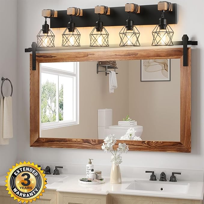 Farmhouse Vanity Light Fixture,5-Light Bathroom Lighting,Black Industrial Wood Wall Light Over Mirror with Metal Shade,LED Bulbs Not Included