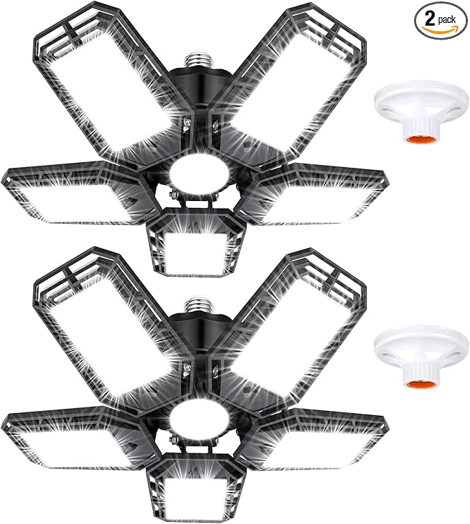 LED Garage Lights 2 Pack,Ceiling LED Shop Light 160W 16000LM 6500K Screw in Led Light with 5+1 Deformable Panels, Bright Led Lighting for Garage Workshop Basement Support E26/E27 Socket