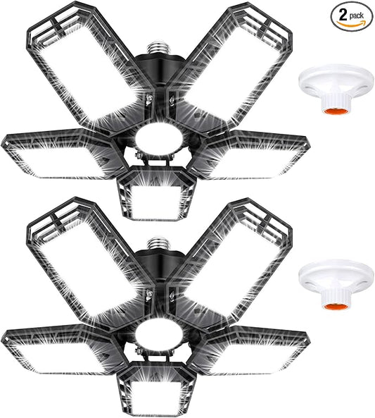 LED Garage Lights 2 Pack,Ceiling LED Shop Light 160W 16000LM 6500K Screw in Led Light with 5+1 Deformable Panels, Bright Led Lighting for Garage Workshop Basement Support E26/E27 Socket
