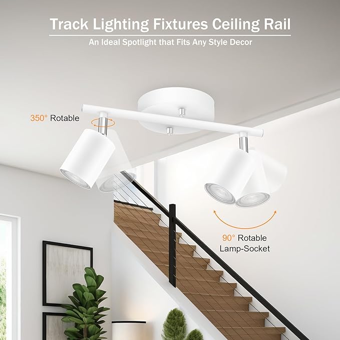 Track Lighting Fixture Ceiling White, Modern LED Track Lights Kit, 2 Lights Ceiling Lighting for Kitchen, Rotatable Spotlight Heads, Wall Mount Spot Lighting for Island/Bedroom(GU10 Socket, NO Bulb)