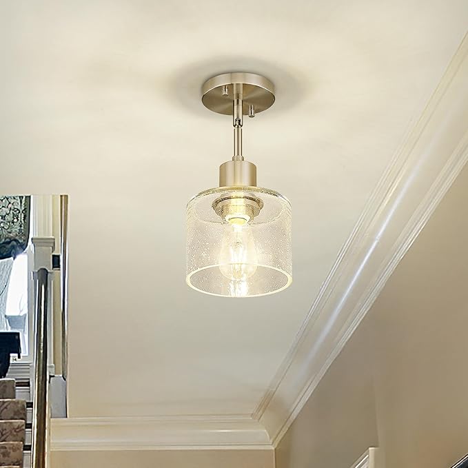 LMS Industrial Semi Flush Mount Ceiling Light, Brushed Nickel 1-Light Close to Ceiling Light with Seeded Glass Shade, Modern Ceiling Lmap for Hallway Corridor Kitchen, LMS-101BN