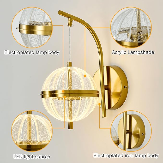 UOFUS Gold Wall Sconce with Globe Acrylic Shade Mid Century Modern LED Wall Light Fixture 12W 3000K/4000K/6000K Temperature Adjustable Super Bright Bathroom Vanity Light for Bedroom Hallway