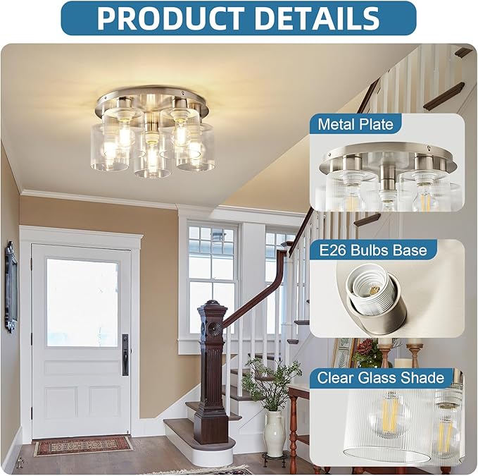 OKELI 5-Lights Semi Flush Mount Ceiling Light Kitchen Lighting Fixtures Ceiling Brushed Nickel Kitchen Cieling Light Fixtures with Clear Glass Shade for Dining Room Entryway Foyer Hallway