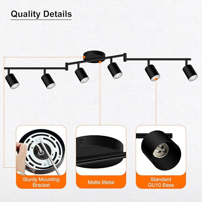 Track Lighting Fixture Ceiling, 44.3" Modern LED Track Lighting Kit, Black 6 Light Ceiling Light for Kitchen, Rotatable Spotlight Heads, Wall Mount Spot Lighting for Island/Bedroom(GU10, NO Bulb)