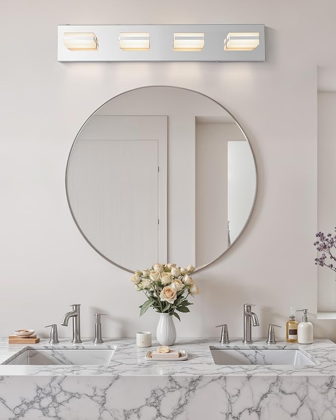 VONLUCE Bathroom Vanity Light Fixture, 4-Light Modern LED Vanity Light, 3CCT Adjustable Bathroom Lights with Memory Function Rotatable Shades, 26" Wall Lighting Fixture Over Mirror, Chrome