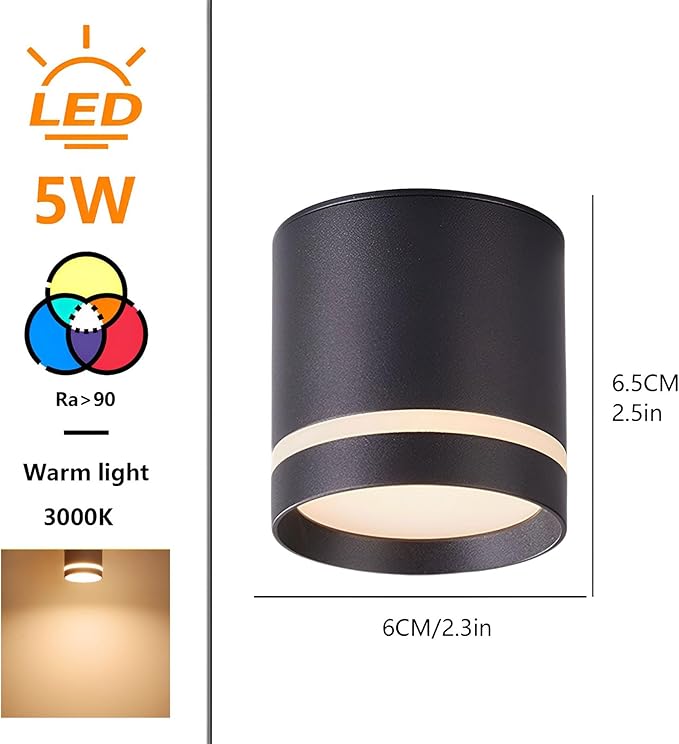 2.36" LED Ceiling Spotlight Indoor Cylinder Downlight 5W 3000K Black Aluminum Spot Light Ceiling Light Fixture for Hallway Corridor Gallery Display Kitchen Living Room Dining Room Bedroom