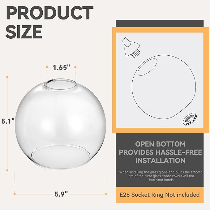 2 Pack Clear Glass Shades Globes, Glass Lamp Shade Covers Replacements, 1.65 In Fitter 5.1 In Height 5.9 In Diameter Transparent Lampshades for Light Fixtures Chandelier Wall Sconces Pendant Lights