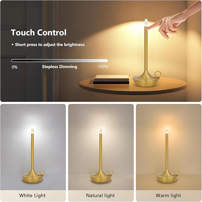 Small Gold Table Lamp, Cordless Portable LED Lamp, Rechargeable Battery Table Lamps,Stepless Dimming Table Lamps for Dining Room, Bedroom, Bedside, Night Light, Balcony , Outdoor,Coffee,Bar ( (gold)