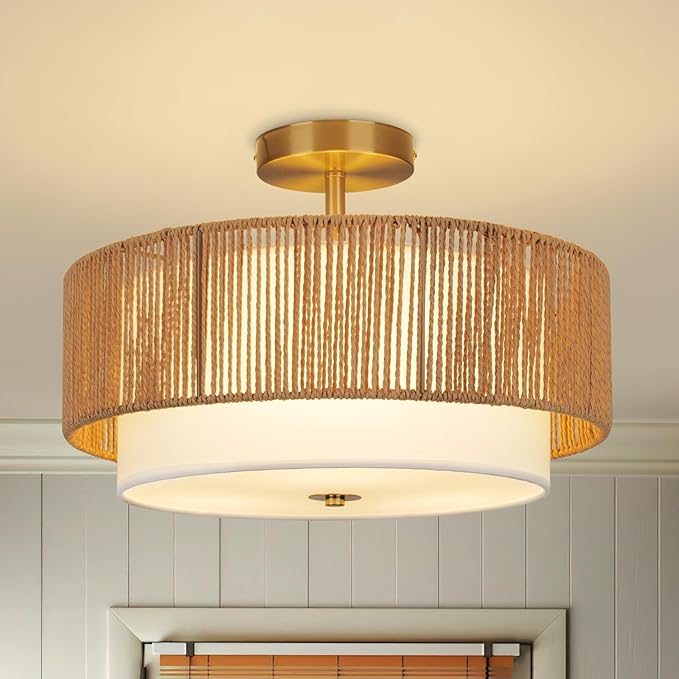 16'' Semi Flush Mount Ceiling Light Fixture, Boho Light Fixtures with 2-Tier Drum White Fabric Shade, 3-Light Farmhouse Rattan Drum Light Fixture for Bedroom, Living Room, Kitchen