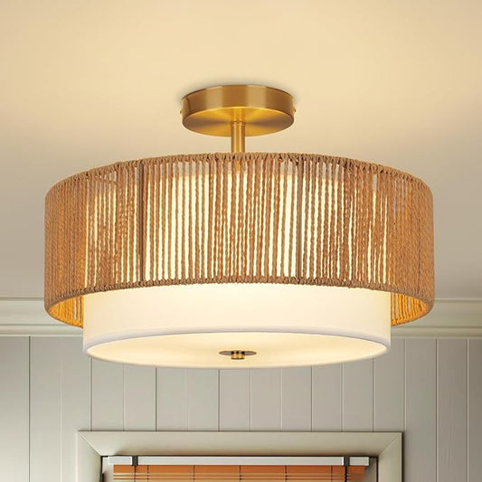 16'' Semi Flush Mount Ceiling Light Fixture, Boho Light Fixtures with 2-Tier Drum White Fabric Shade, 3-Light Farmhouse Rattan Drum Light Fixture for Bedroom, Living Room, Kitchen