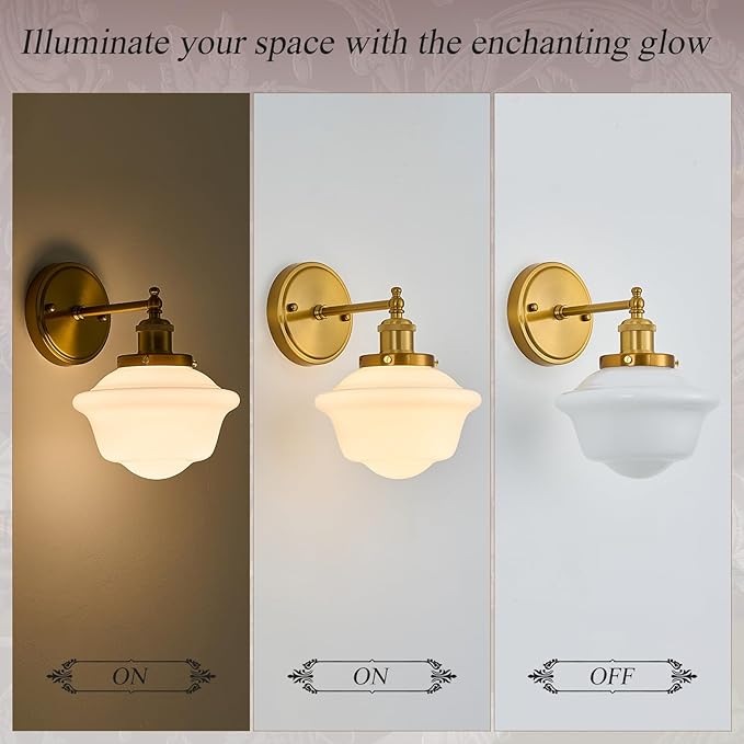 VitaLink Vintage Wall Sconces, Golden Hardwired Milk White Glass Wall Sconce Lighting Fixtures Vanity Light Schoolhouse Wall Lamp for Bedroom Living Room Bathroom Hallway