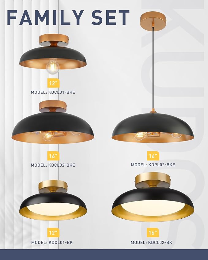 kudos 12 Inch Semi Flush Mount Ceiling Light,1-Light Kitchen Ceiling Lights, Black Ceiling Light Flush Mount for E26 Base Bedroom Hallway Kitchen, KDCL01-BKE