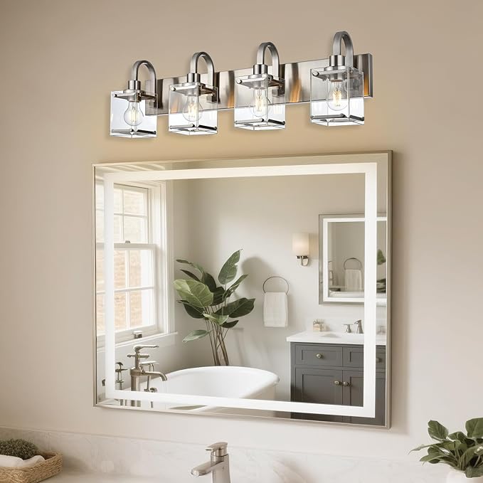 Brushed Nickel Bathroom Light Fixtures, 4 -Light Vanity Lighting Fixture Over Mirror with Clear Glass Shade Wall Sconce Lighting for Mirror Kitchen Living Room Bedroom Hallway