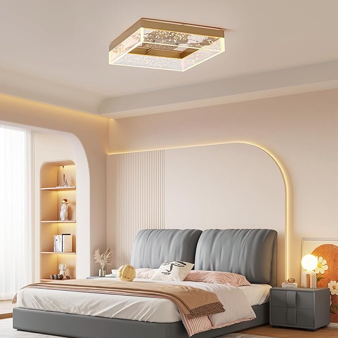 Qcyuui LED Ceiling Light Flush Mount 11.81in 20W Square LED Ceiling Lamp with Clear Bubble Acrylic Modern Led Ceiling Light for Kitchen Hallway Closet Living Room Bedroom, Gold, 3000K Dimmable