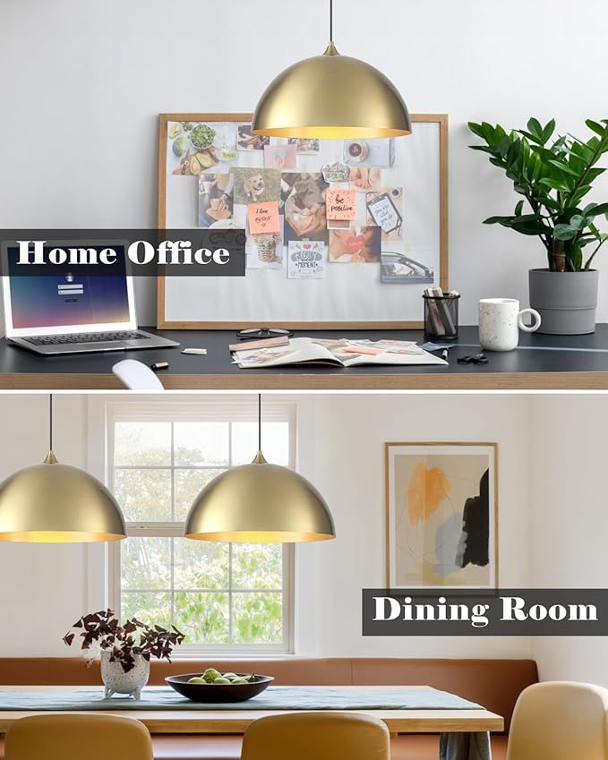 Gold Pendant Lights Kitchen Island, 16 Inch Large Pendant Light, Gold Dome Pendant Light, Industrial Farmhouse Pendant Lights for Kitchen Island, Dining Room, Cafe, Bar, 2 Pcs