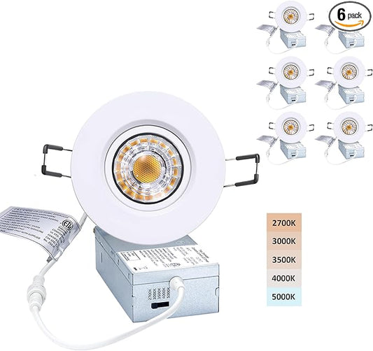 POPANU Canless Recessed Gimbal Downlight Rotatable-Spotlight 5 CCT 3 Inch Eyeball Ceilling Potlight, Dimmable Recessed Lights Fixture with Junction Box, 8W CCT Adjustable, White Round Trim, 6 Pack