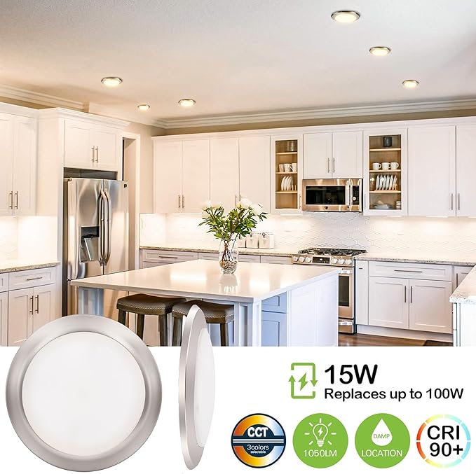 5/6 Inch Selectable CCT LED Disk Light Flush Mount, 3000K/4000K/5000K, Dimmable Recessed Retrofit Ceiling Light, CRI90, 1050lm, 15W, Installs Into Junction Box or Recessed Can, Brushed Nickel,12 Pack
