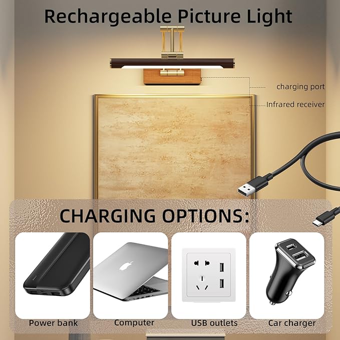 Rechargeable Picture Lights for Wall Art,12 inch Battery Operated Down Lights,3CCT Dimmable with Remote,Rotatable Gallery Light for Artwork,Wood
