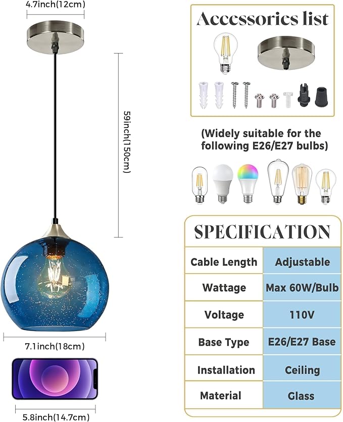 7.1in Medium Blue Glass Pendant Light for Kitchen Island, 2-Pack with Extra LED Bulbs & 4.92ft Adjustable Cord | Modern Minimalist Lighting for Dining Room, Living Room, Entryway