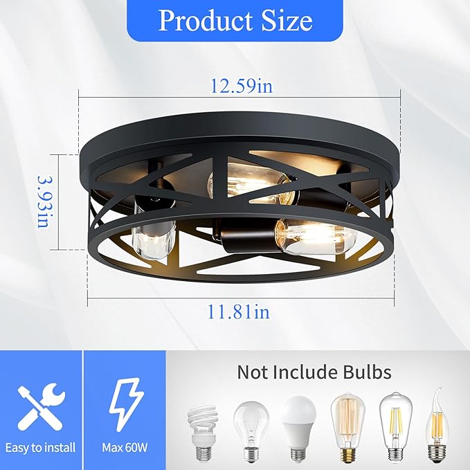 13 inch Black Flush Mount Ceiling Light Fixture, 3-Light, Close to Ceiling, Ideal for Hallway, Kitchen, Farmhouse, Bedroom