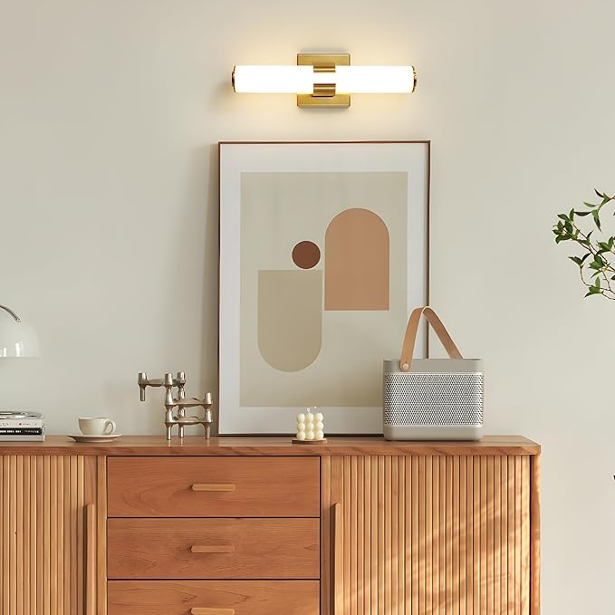 AIJIASI Gold Bathroom Light Fixtures - 16 Inch Modern Vanity Light 15W 5CCT Dimmable LED Bathroom Sconce with Acrylic Shade, Indoor Vanity Lighting Fixtures Over Mirror