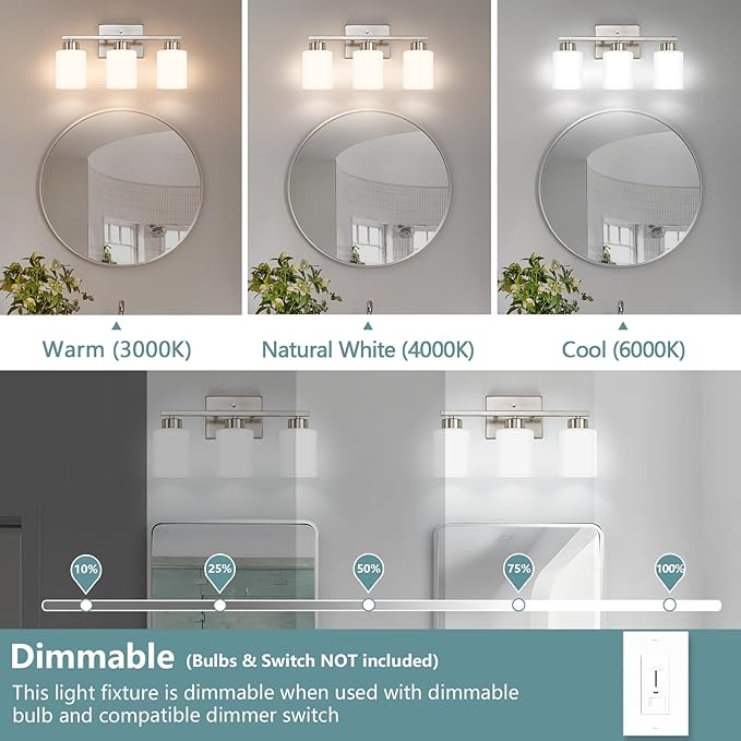 Brushed Nickel Bathroom Light Fixtures, 3-Light Modern Vanity Lights with Milky White Frosted Glass Shades, Wall Sconces for Mirror, Bathroom, Restroom (E26 Socket)