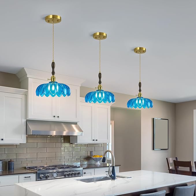Modern Blue Glass Pendant Light Retro Flower Glass Hanging Lamp Gold Brass Decorative Adjustable Ceiling Hanging Light Suitable for Kitchen Island Bedroom Dining Room Living Room