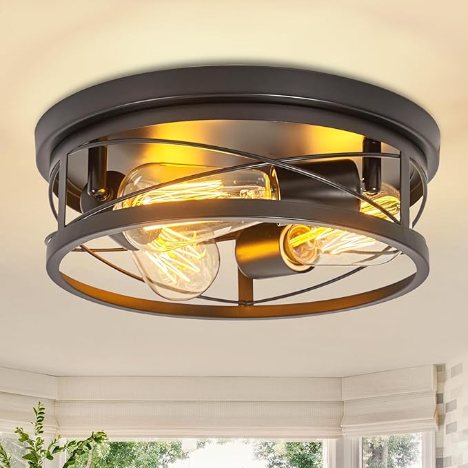 Farmhouse Ceiling Light Fixtures Black Flush Mount Ceiling Light 3-Light Vintage Kitchen Light Fixtures Metal Cage Ceiling Lights for Bedroom, Living Room, Hallway, Foyer(E26 Base)