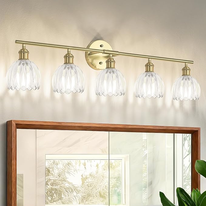 Vintage Bathroom Light Fixtures,5-Light Hardwired Vanity Lights with Clear Tulip Glass Shade,Gold Bathroom Vanity Light for Mirror Restroom,E26 Socket,33.46 in(Bulbs Not Included)