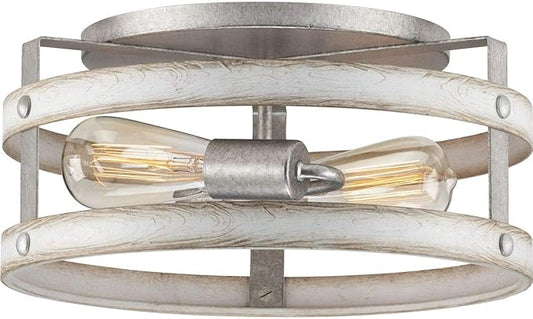 Progress Lighting Gulliver Collection 2-Light Whitewashed Farmhouse Flush Mount Ceiling Light, Galvanized, 6.50x14.37x14.37